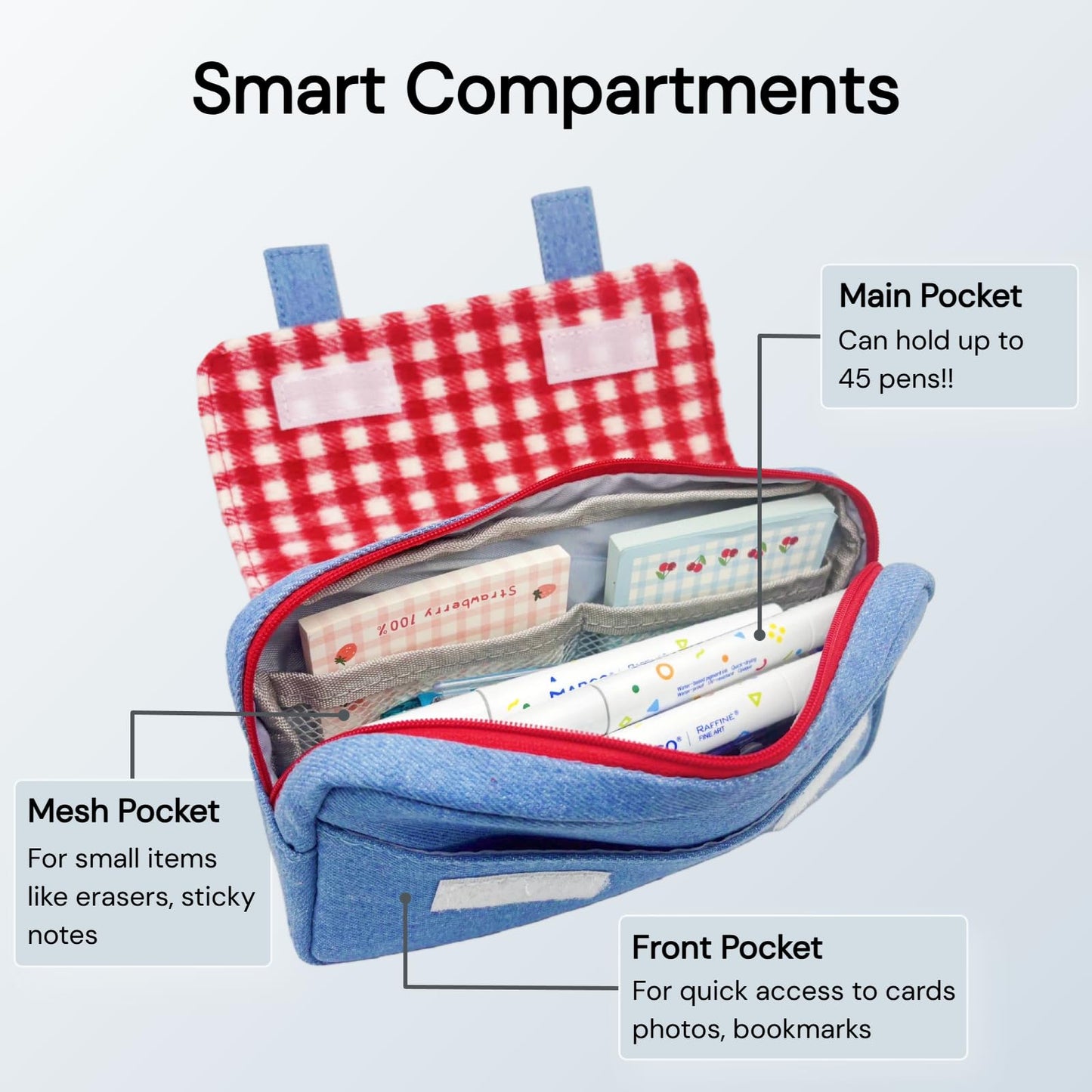 Haumei Cute Checkered Pencil Case, Red White Plaid with Denim Patchwork, Large Capacity Gingham Pattern Pen Bag with Handle, Big Stationery Organizer, Multi-Use Storage Pouch, 8.7x1.6x4.7 Inches, Blue