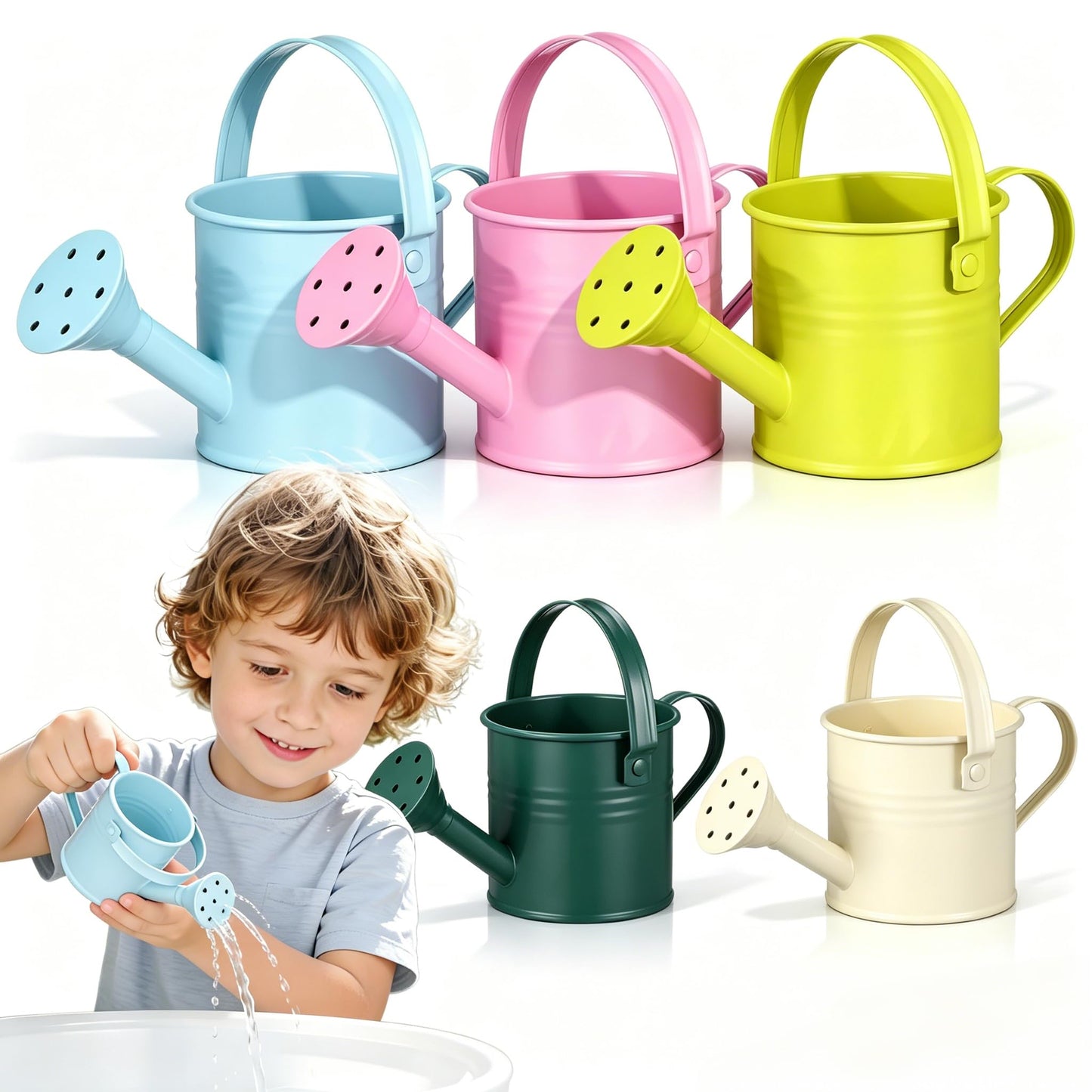 NUOBESTY 5Pcs Mini Kids Watering Can Set, Metal Cans Toddlers Small Long Spout Watering Can for Garden Play, Indoor Balcony Plants, Patio Flowers, Little Hands (Random Colors)
