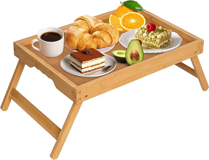 Artmeer Bed Tray Table with Folding Legs, Bamboo Breakfast in Bed