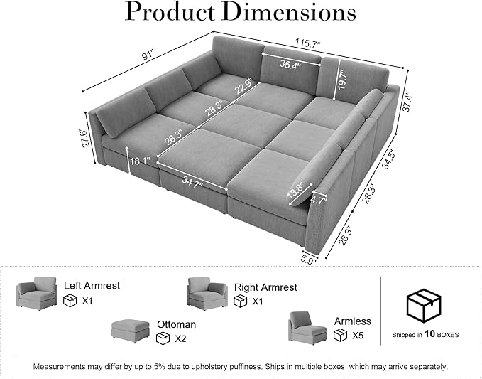 Oversized Modular Sectional Sleeper Couch, Solid Wood Frame, Removable Washable
