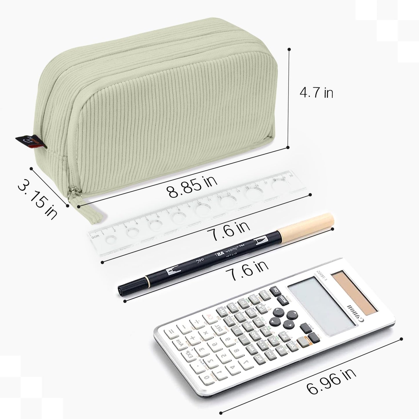 Sooez Big Capacity Pencil Case Pen Pouch, Soft Corduroy Pencil Bag with 3 Compartment, Multiple Pockets, Sturdy Zipper, Cute School Supplies Pen Bag Organizer For Teen Girls College, Green