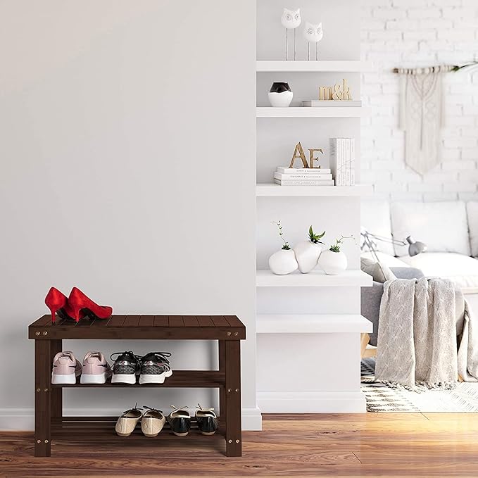 Homemaid Living Bamboo 3 Tier Shoe Rack Bench, Premium Shoe Organizer or