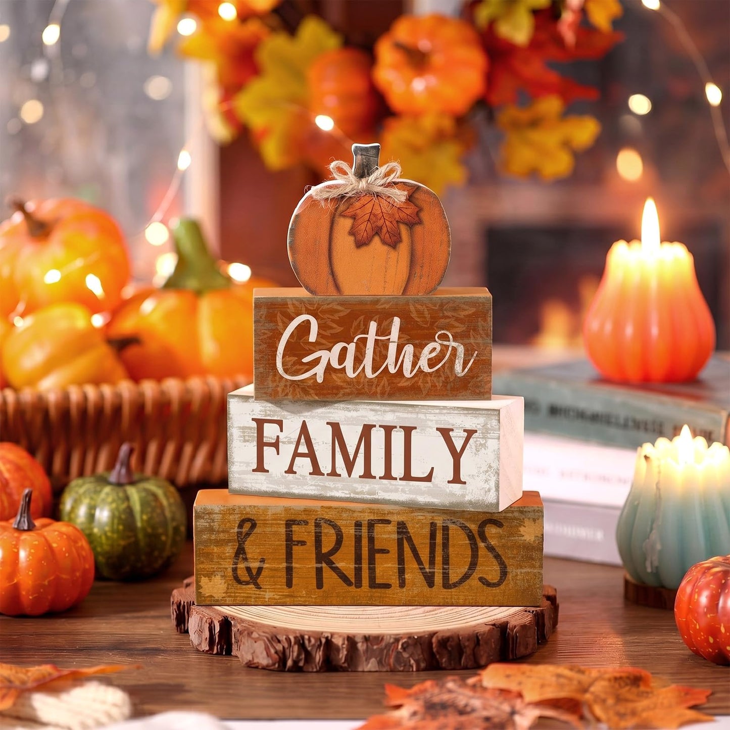 Lineshading 4 Pcs Fall Pumpkin Decor Fall Decorations for Home Wooden Pumpkin Decor Thanksgiving Table Centerpiece Rustic Decorative Autumn Stacked Block Signs Farmhouse for Harvest Party Home Kitchen