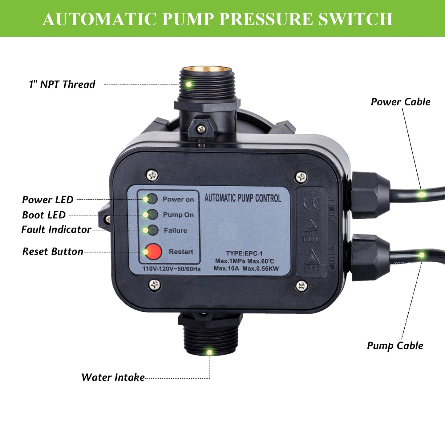 MARSTEK IP65 Automatic Water Pump Controller，Water Pump Pressure Switch Water Flow Sensor Switch Electronic Pump Pressure Regulator for Self-priming Pump，110V-120V~50/60Hz