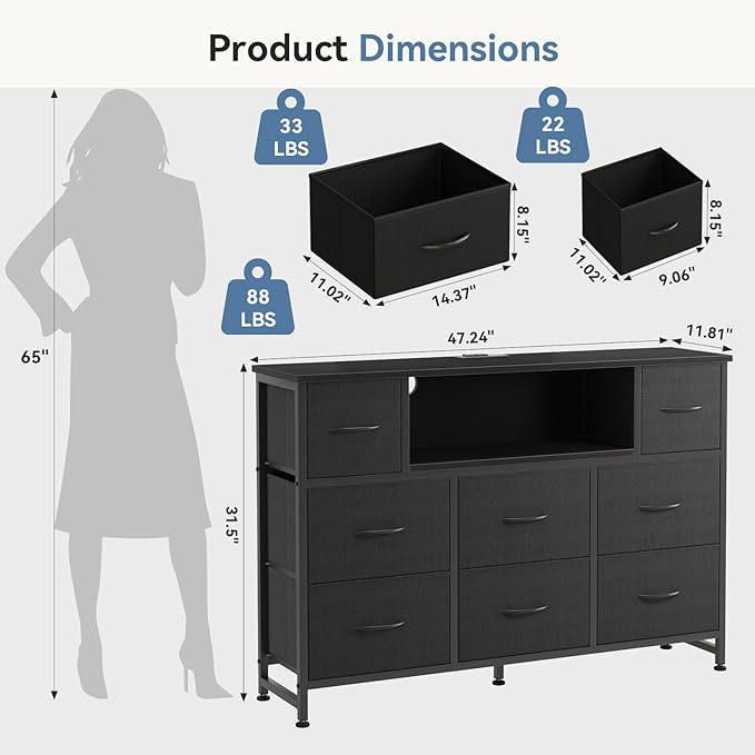 DUMOS TV Stand Dresser with 8 Fabric Drawers and Open Shelves, LED