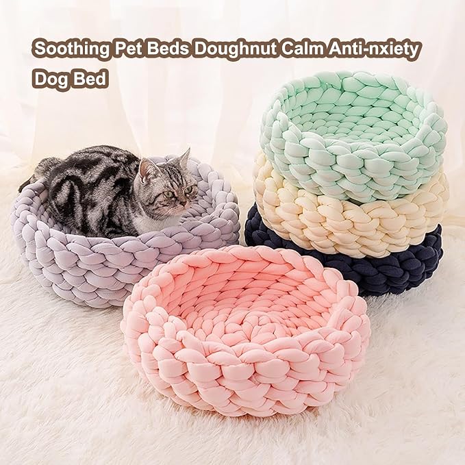 Woven Dog Bed Basket, Knitted Cotton Cat Bed Round Washable Woven Cat Pet Bed Chunky Dog Basket, Orthopedic, Chunky Knit Dog Nest,Dog Bed,Dog Cave,Dog Bedding(Yellow,21")