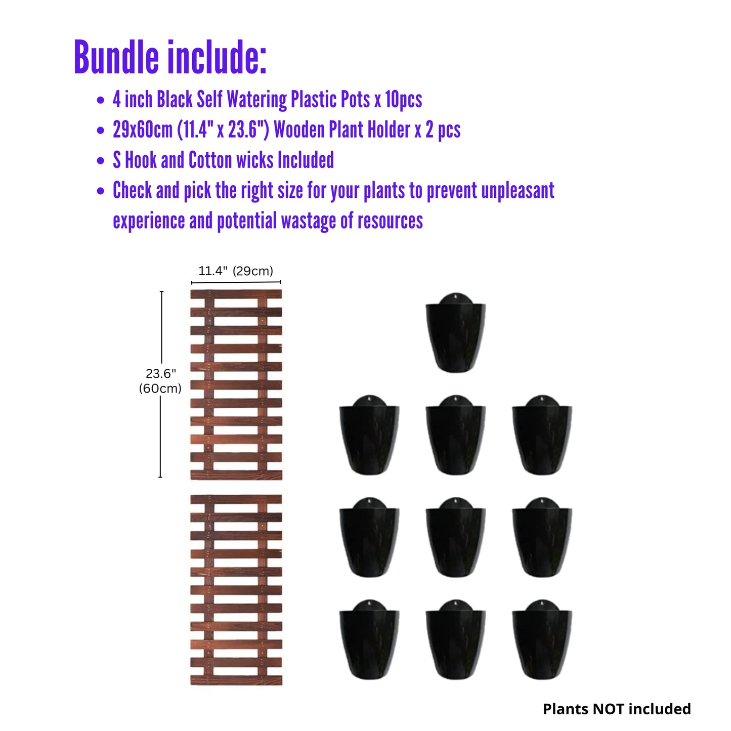 LalaGreen Bundle - 4" Pot + 2 Wooden Plant Holder, Black Self Watering Pot, Wall Hanging Planters for Indoor Plants Ladder, Wall Hanging Pots, Outdoor Vertical Garden Unique Live Orchid Planter Holder