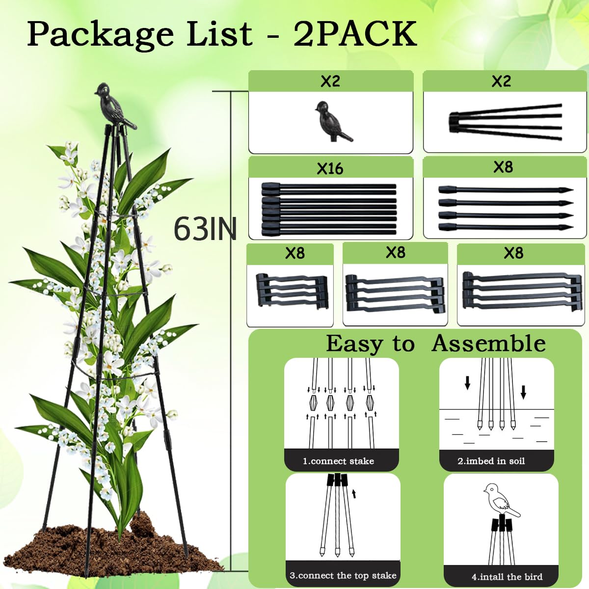 2 Pack Garden Trellis for Climbing Plants,63inch Tall Plants Trellis Support with Adjustable Stake Arms,Plastic Coated Rustproof Metal Pipe Supports for Outdoor Indoor, Potted Plants, Tomato, Rose