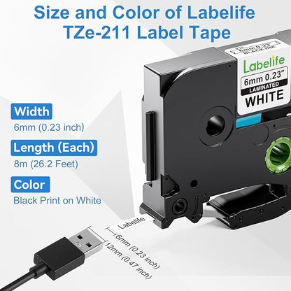 Labelife 6mm Label Tape TZe-211 Replacement for Brother P Touch TZe TZ Tape 6mm 0.23 Laminated White Label Tape TZe211 TZ-211 for Brother Label Maker PT-D210 PT-D220 PT-H110 PT-D200, 1/4 Inch, 5-Pack
