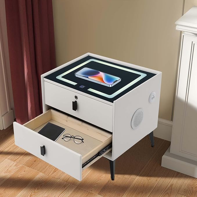 Smart Nightstand w/Fingerprint Lock Drawers, Smart Bedside Table w/USB Charging
