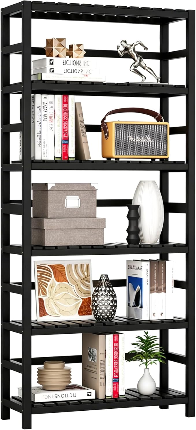 VASMIA 6-Tier Bamboo Shelf, Bamboo Storage Shelving Unit, Tall Bookcase
