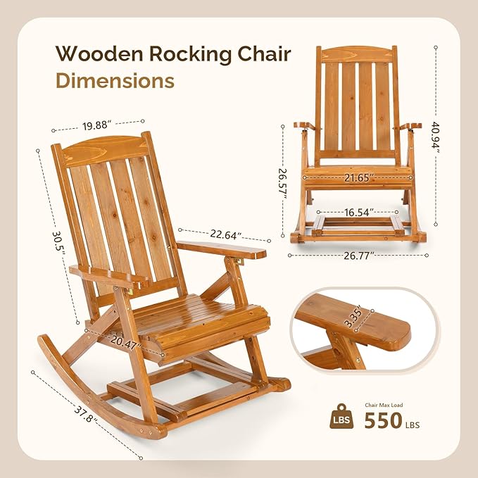 VINGLI Wooden Porch Rocking Chair, Heavy Duty Outdoor Rocking Chair