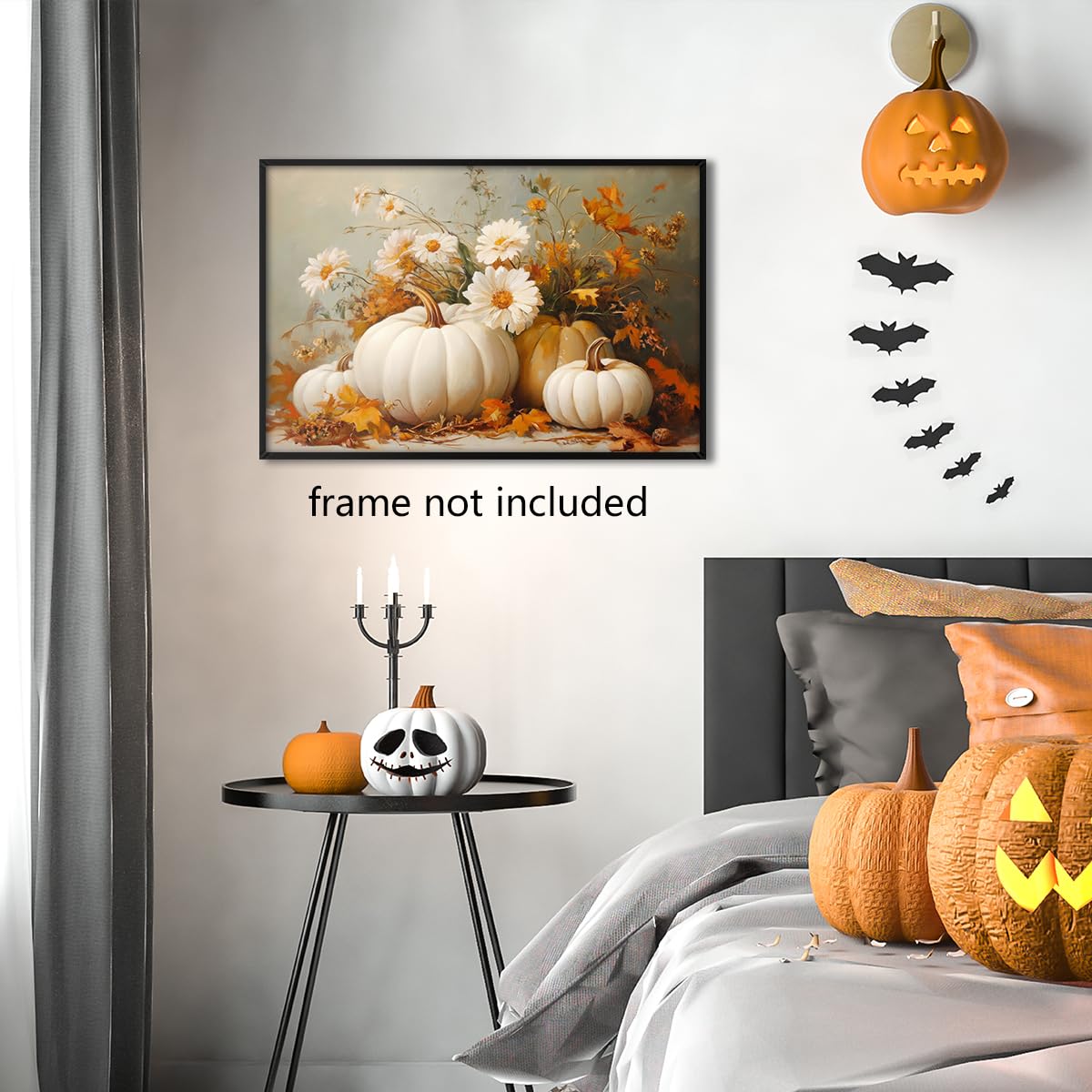 Farmhouse Autumn Pumpkin Canvas Wall Art, White Orange Pumpkins Still Life Painting Pictures, Rustic Farm Fall Daisy Flower Posters, Halloween Thanksgiving Autumn Wall Print Decor 16x24in Unframed
