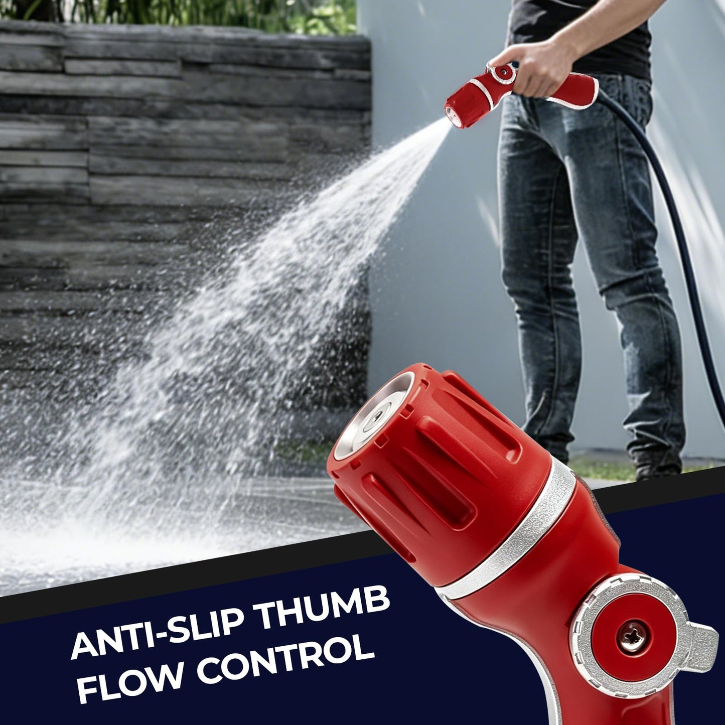 HugeDawn Garden Hose Nozzle, Heavy Duty High Pressure Metal Hose Spray Nozzle with 30% Greater Water High Flow, 3 Spray Patterns, Non-Slip Thumb Control for Quick Watering & Cleaning (Red)