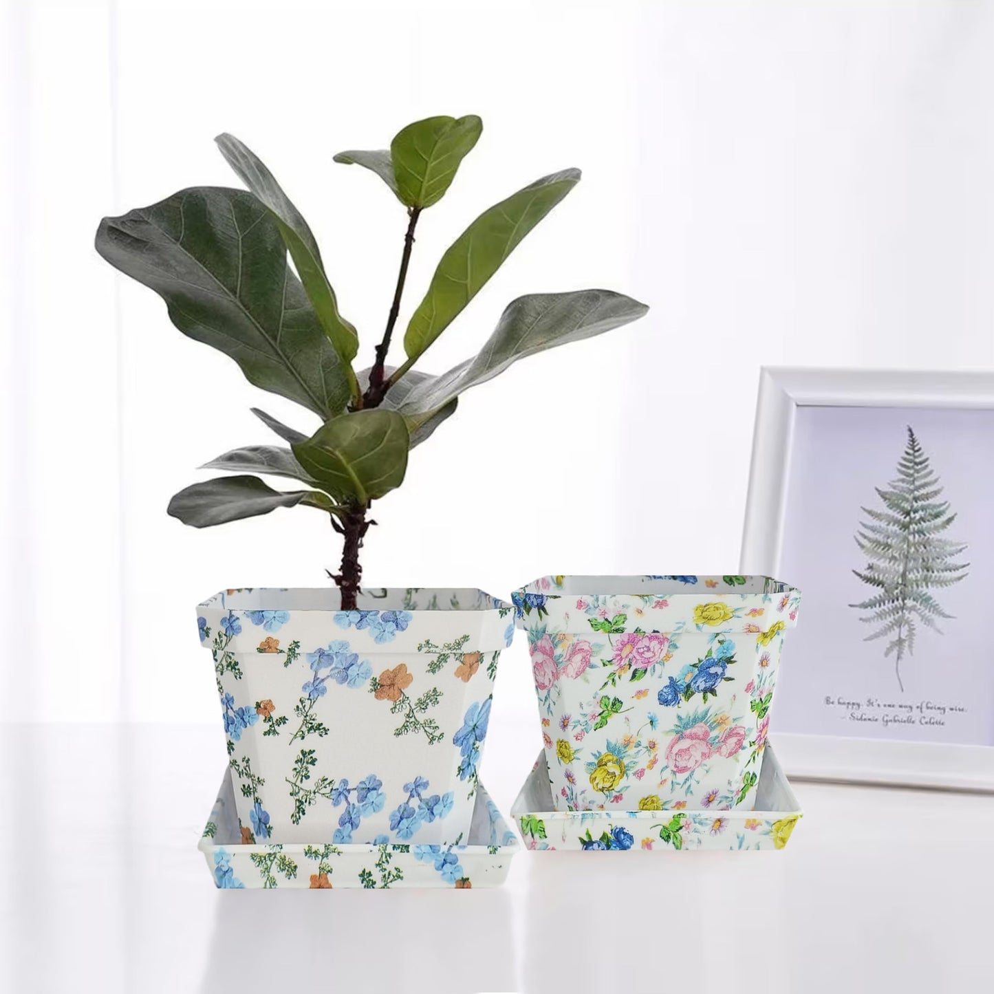 XINAOBAOLUO Plastic Plant Pots Printed Flower Pot with Pallet Container Indoor Outdoor of Your Room,Garden Office and Balcony Decor Modern Decorative Gardening Containers