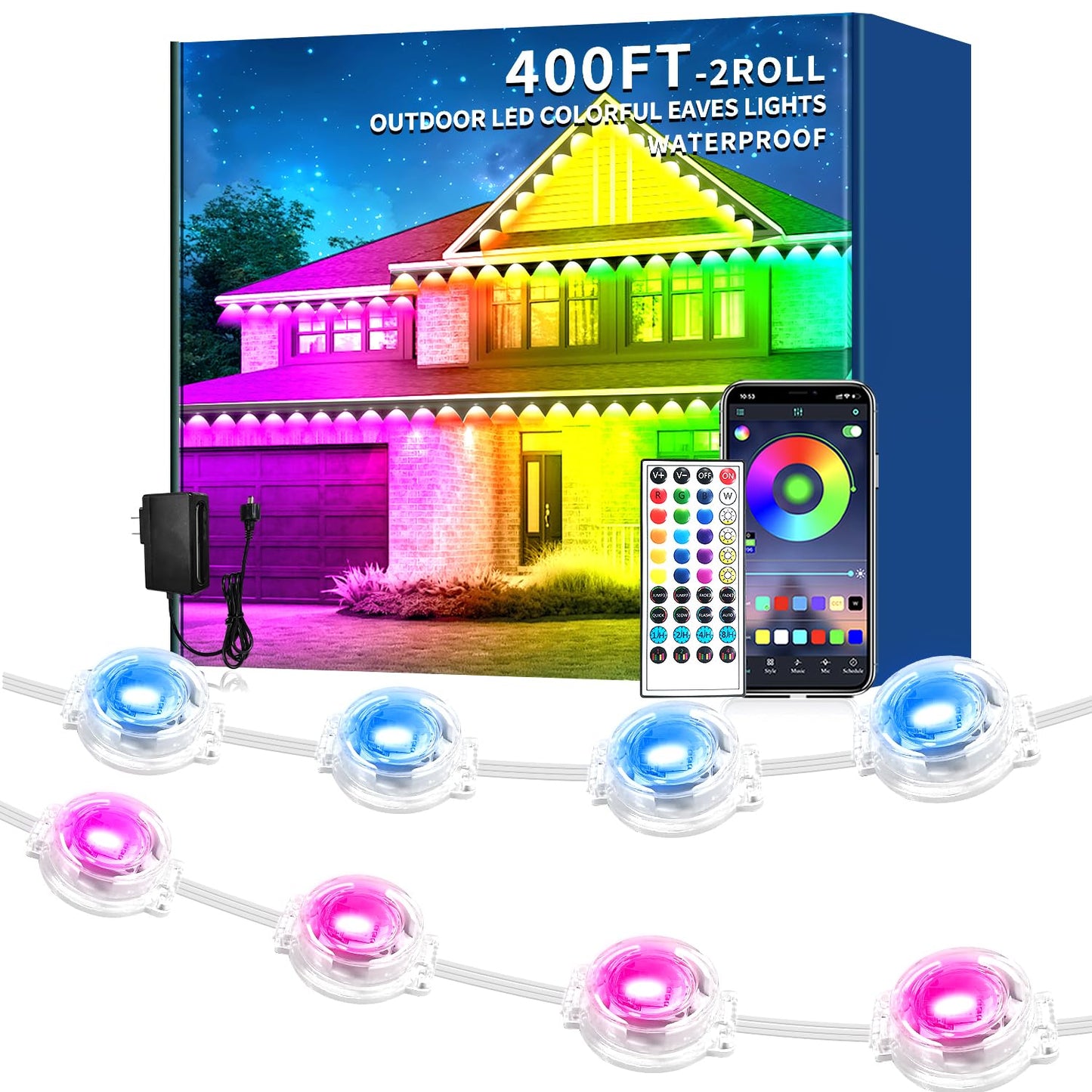 Rroetxi 400FT Permanent Outdoor Light, IP67 Waterproof LED Eaves Light, App/Remote Control Christmas Lights, Suitable for House，Patio Decor Garden Party Festival Decoration (2 Rolls, 200 FT)