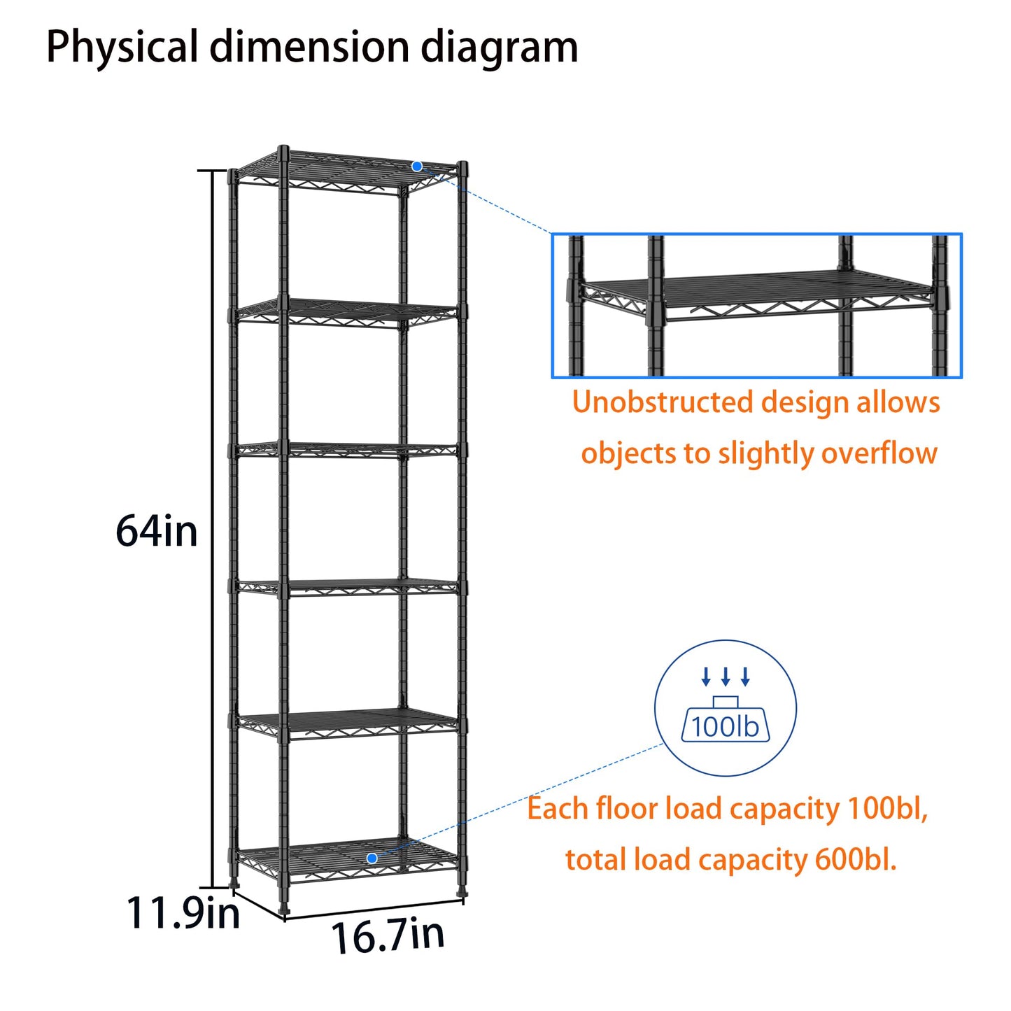 REGILLER 6 Wire Shelving Steel Storage Rack Adjustable Unit Shelves for Laundry Bathroom Kitchen Pantry Closet (16.7L x 11.9W x 64H, Black)