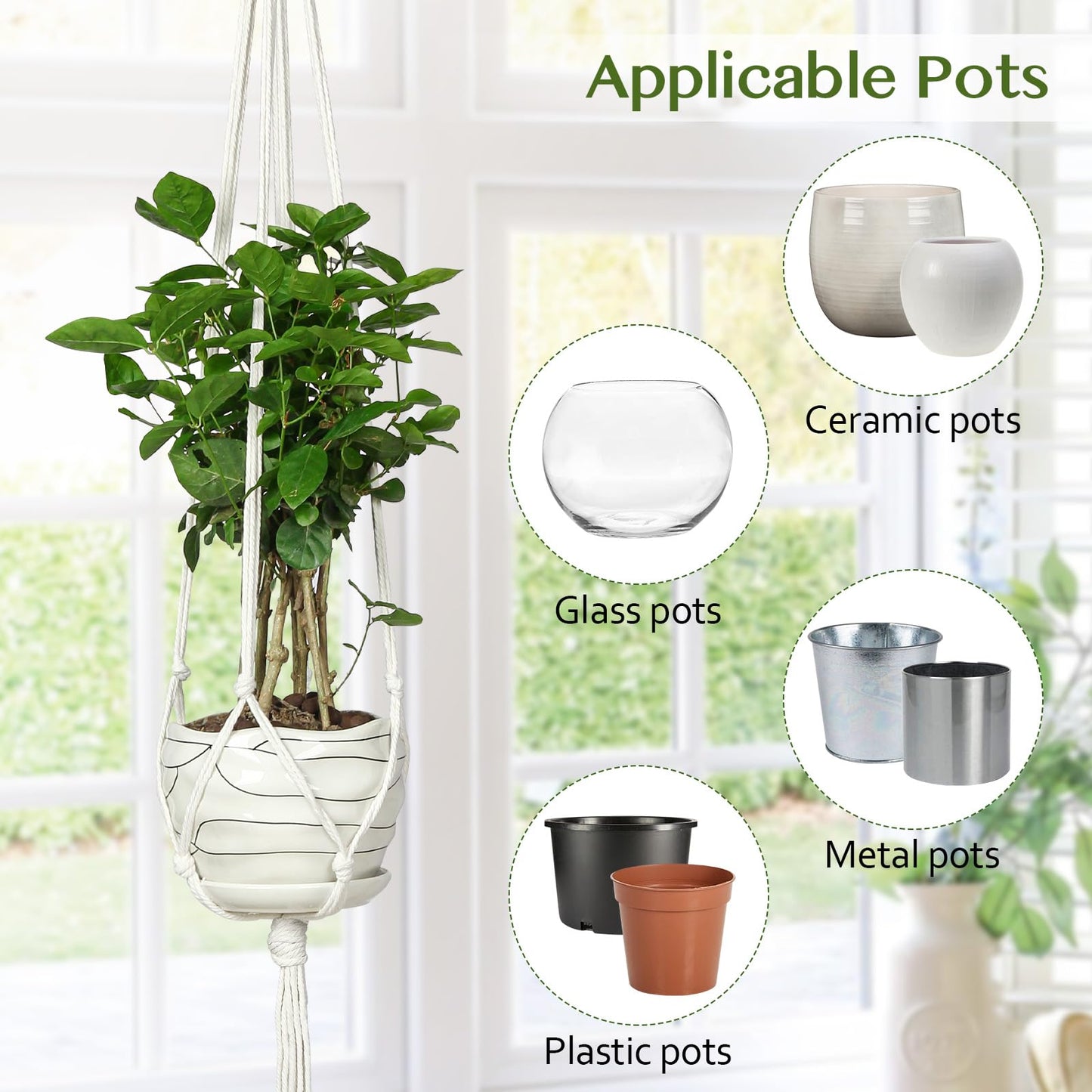AOMGD 6 Pack Macrame Plant Hanger Indoor Hanging Planters for Indoor Outdoor Plants with 6 S Hooks and 6 Hook Nails, Hanging Plant Holder 43" Boho Home Decor,Ivory