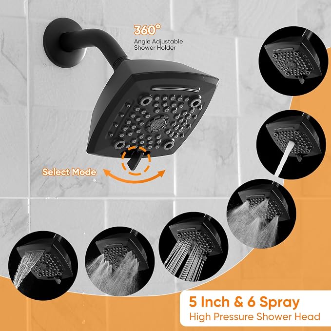 Black Shower Head And Faucet Set Complete With Valve Shower Fixtures With 6 Inch High Pressure Rain Shower Head Trim kit Regaderas Para bBaño Modernas