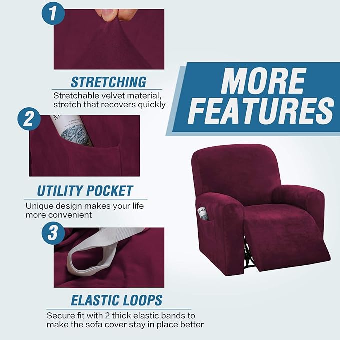 H.VERSAILTEX Velvet Stretch Recliner Couch Covers 4-Pieces Style Recliner Chair