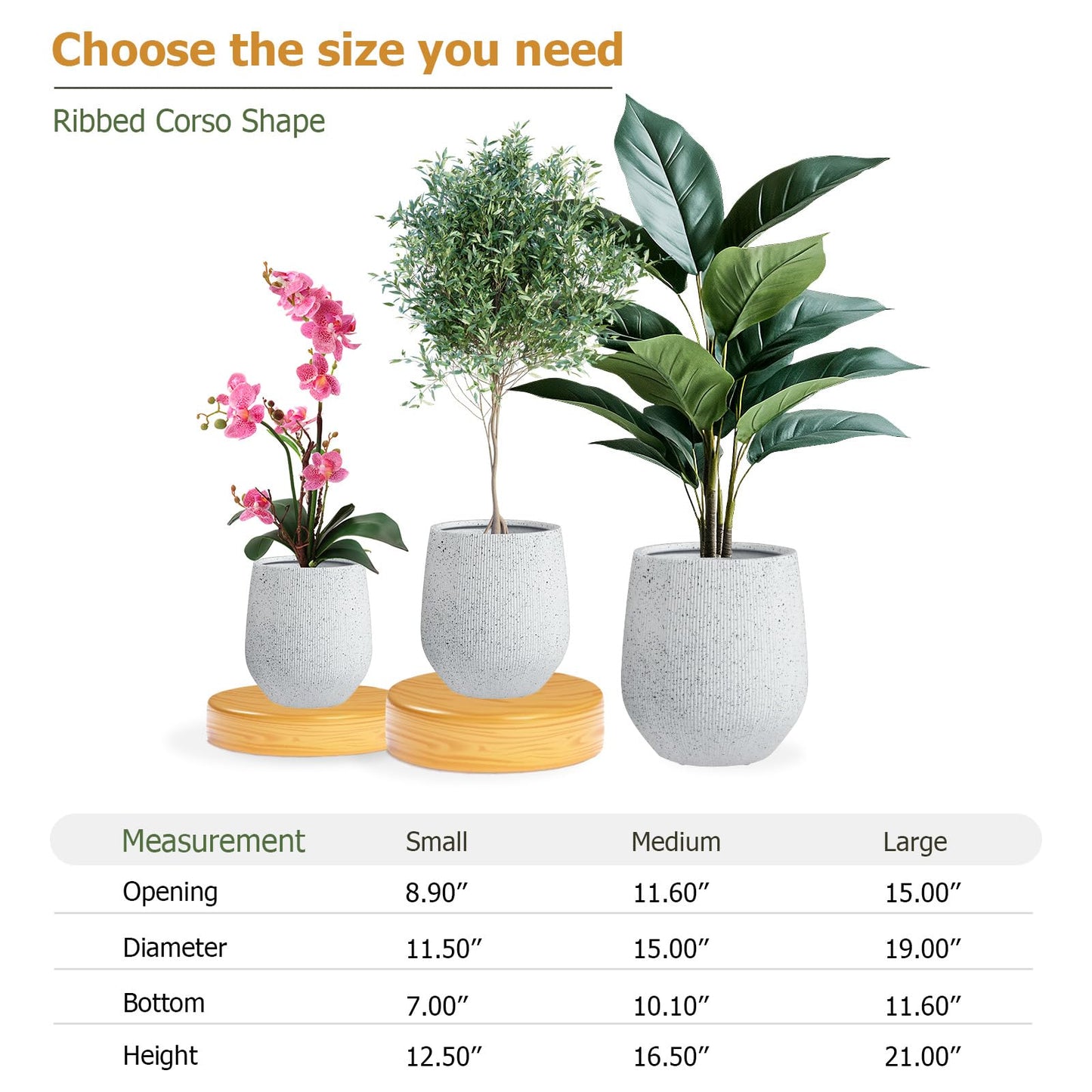 KUTE NEST 12.5" H x 11.5" D Premium Ribbed Corso Fiberstone Round Tapered Planter with Drainage Hole, Weather Resistant, Included 2 Extra Coco Mats (Ribbed Speckled White, 9" Pot Opening)
