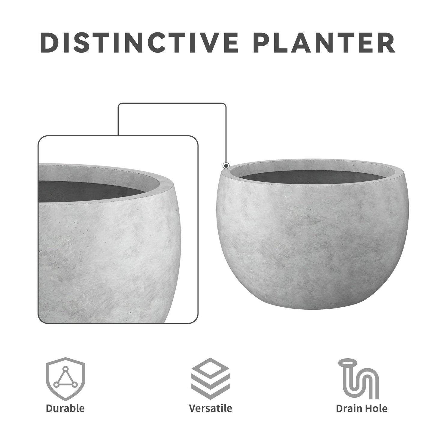 Kante 19.9",15.7",11.8" Dia Round Concrete Planter Set of 3, Outdoor/Indoor Large Bowl Plant Pots with Drainage Hole and Rubber Plug for Garden Patio Balcony Home, Natural Concrete