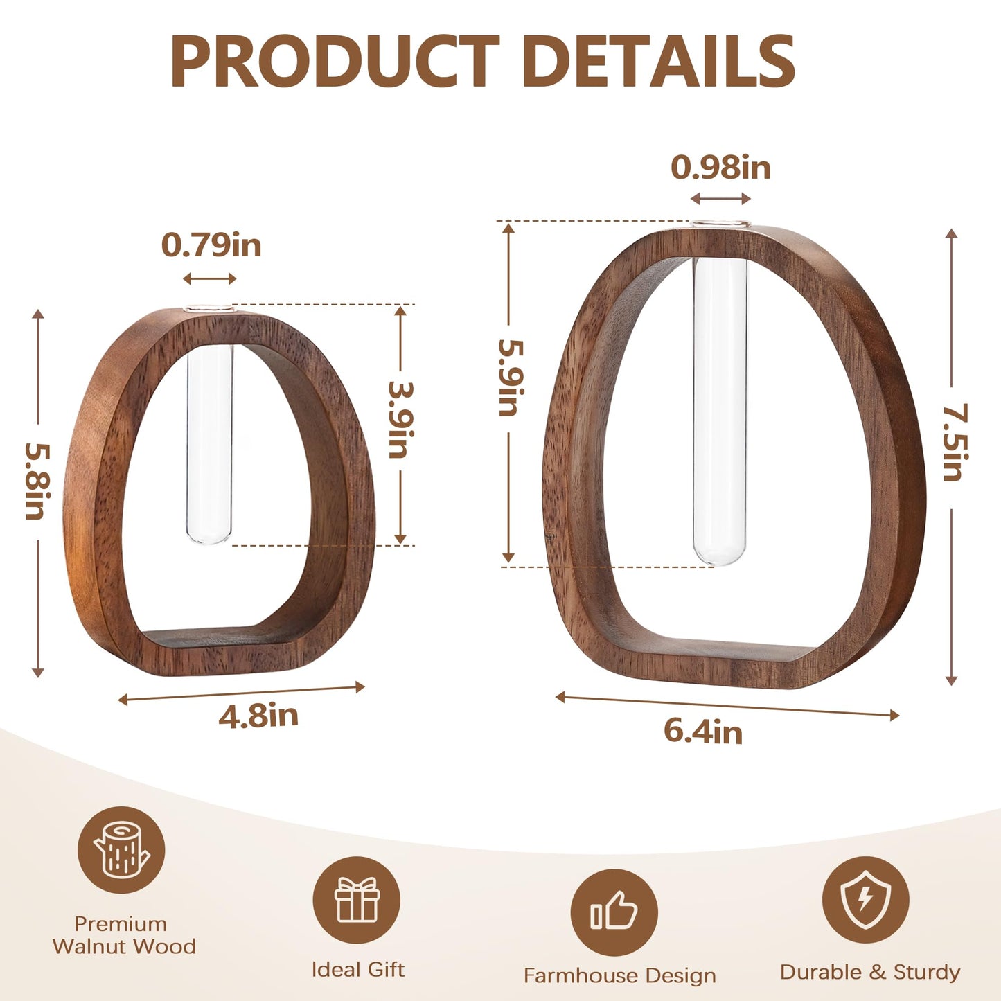 Houmury Walnut Wood Propagation Station Set of 2 Hydroponic Glass Test Tube Vases 7.5” & 5.8” for Plants Cuttings Modern Farmhouse Table Centerpieces for Home Office Desk Decor