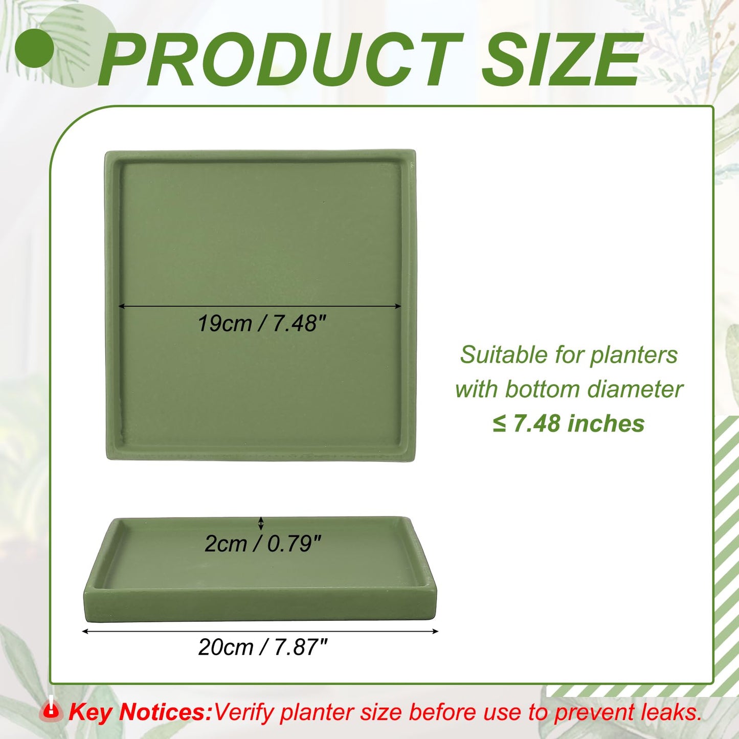 YELARXI 7.5 Inch Ceramic Plant Saucers, Square Flower Planter Water Trays Ceramic Plant Saucer Pot Tray -Fitting for (Outdoor/Indoors/Garden/Planting/Water/Flower/Coffee) Forest Green