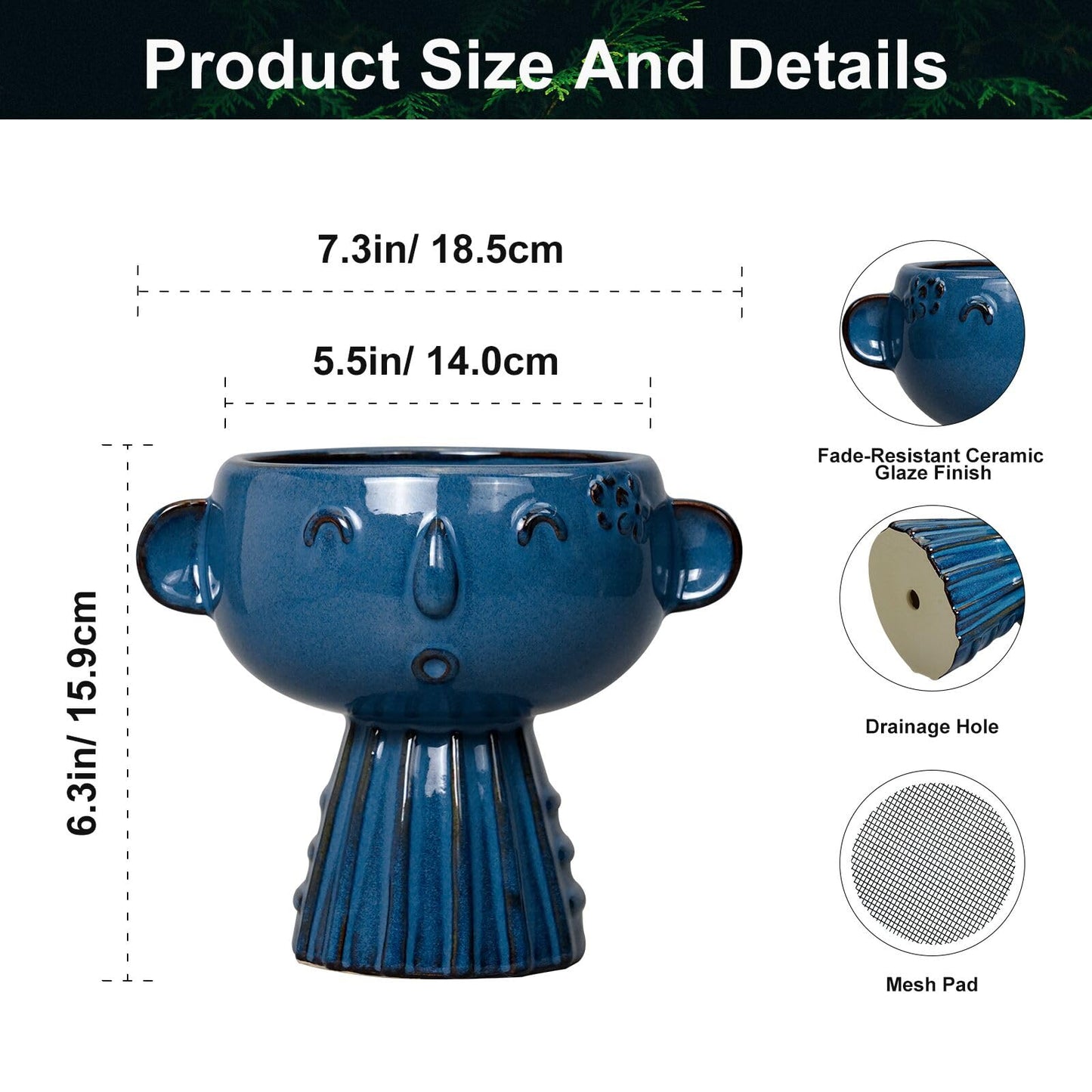 Fivepot Head Planter Pot - 7 Inch Cute Face Planter for Indoor Outdoor Plants Ceramic Succulent Pot Round Flower Pot Present for Mother Christmas with Drainage Hole Blue
