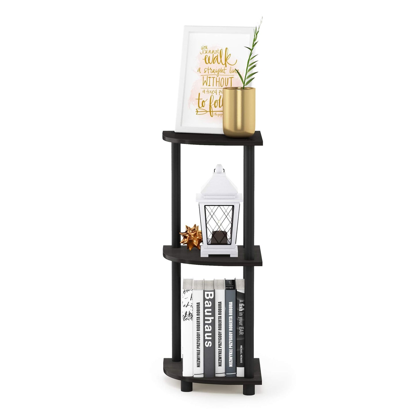 Furinno TURN-N-TUBE Corner Shelf, 3-Tier Corner Bookshelf, Display Storage Shelves with Open Shelves, for Organization and Storage, Living Room, Home Office, Garage, Espresso