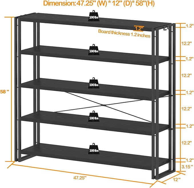 HCHQHS Bookshelf, 5-Tier Industrial Bookcase, Freestanding Tall Bookshelves