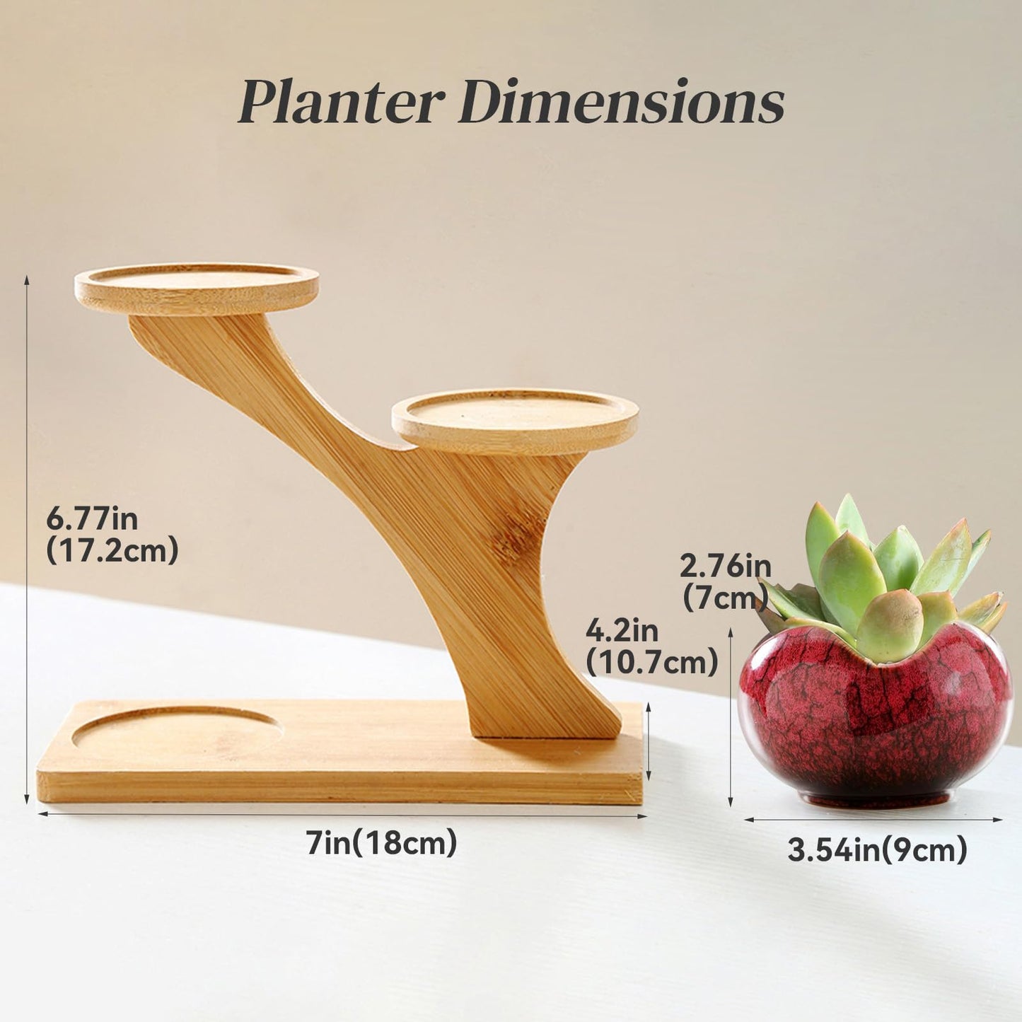 Jueison Succulent Pots with 3 Tier Bamboo Saucers Stand Holder Modern Decorative Ceramic Flower Pots with Drainage Mini Cactus Plant Pot Planters for Indoor Home Office Desk Garden Decor (#005)