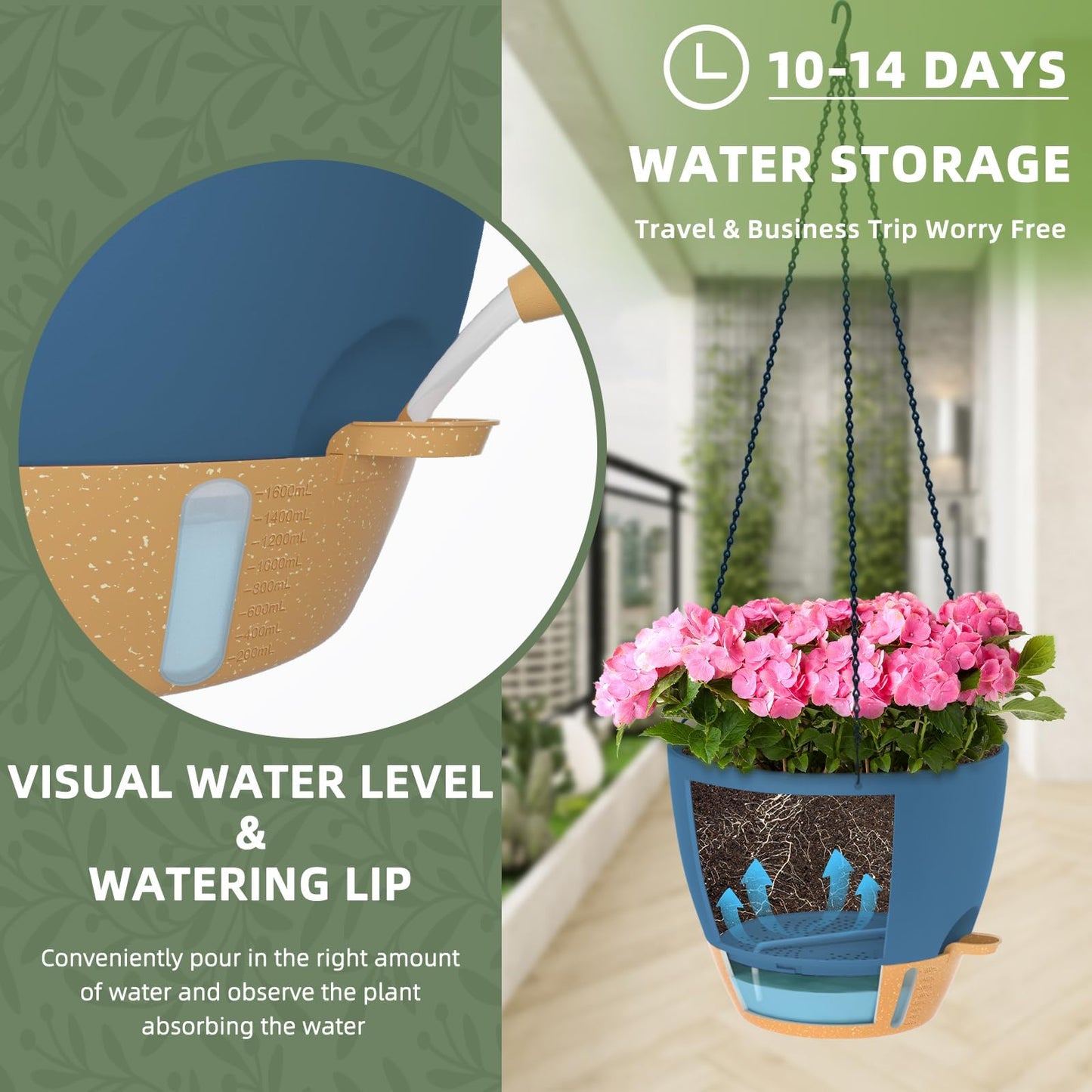 ZMTECH 12 Inch Large Self Watering Hanging Planters for Indoor Outdoor Plants - Water Level Indicator & Removable 60 Oz Reservoir, 1 Pack Plastic Hanging Basket for Window Porch Garden Balcony, Blue