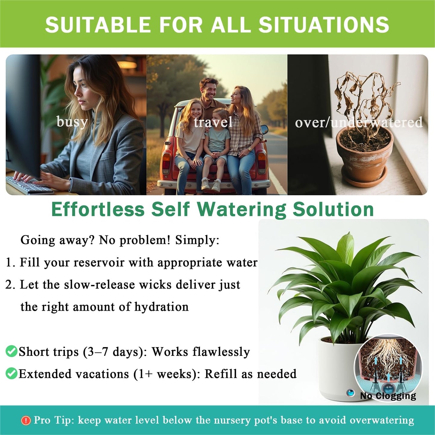 GreenShip 4 Pack Self Watering Planter Insert Watering Spikes, Watering Stakes with Wicking Rope, Plant Spikes for Indoor Outdoor Plants, Vacation Plant Watering Device for Planter Height 4.7" to 12"