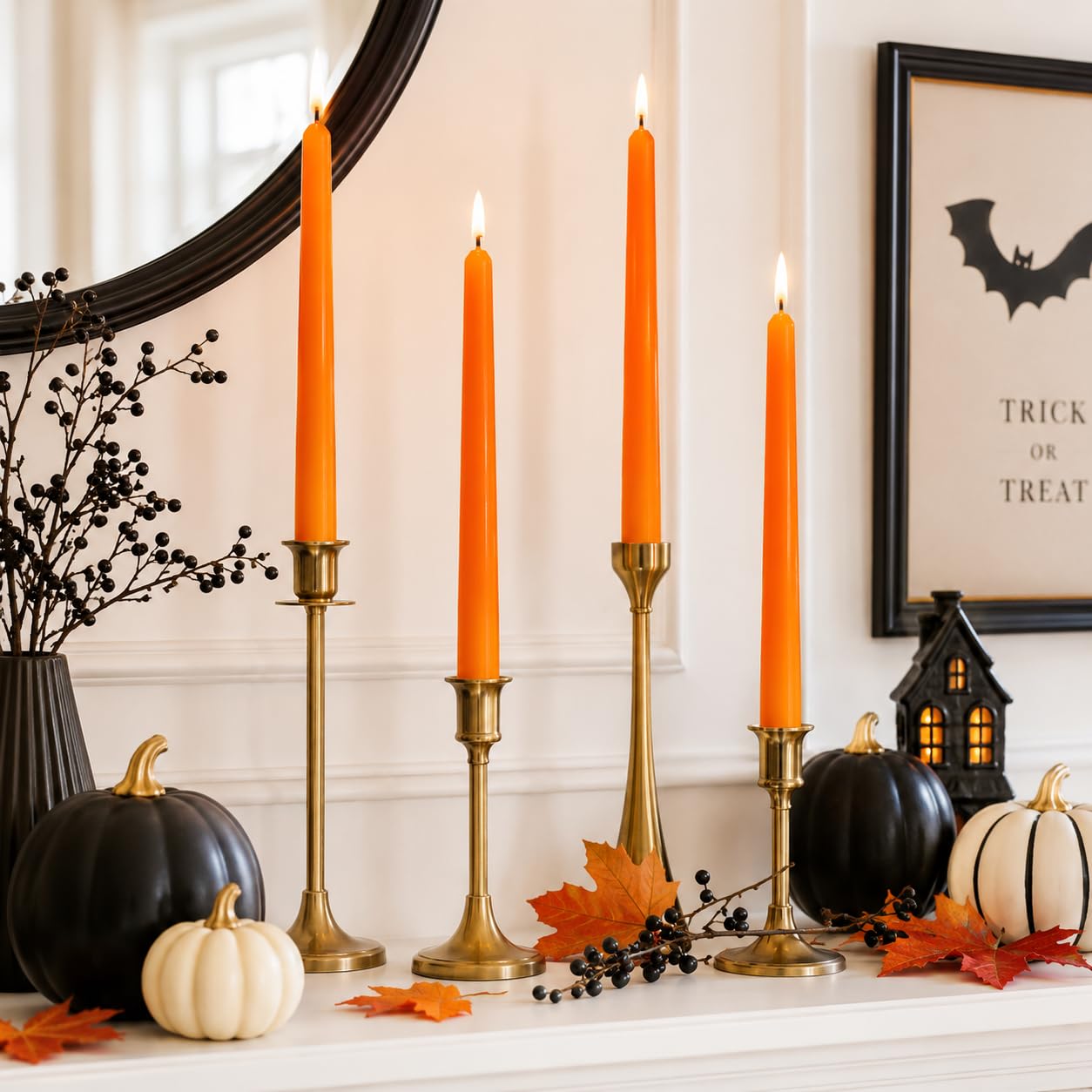 Pumpkin Orange Taper Candles Set of 4, 10 Inch Handmade Candle Stick, Unscented Candlesticks, Tapered Candles for Halloween Fall Table Decor Gift