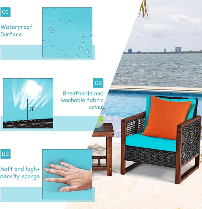 Tangkula 3 Pieces Patio Wicker Furniture Set, Rattan Outdoor Sofa Set