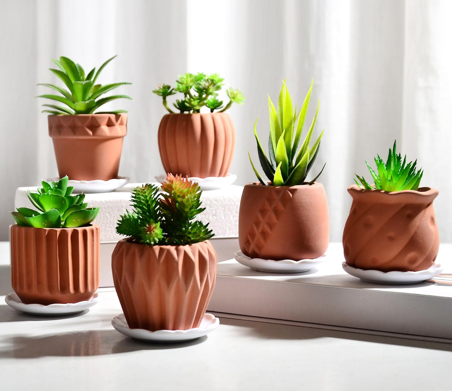 B SEPOR Ceramic Planters Handmade Mini Clay Flower Pot for Small Indoor Plant Succulent Cactus with Melamine Saucer Tray (Terracotta)