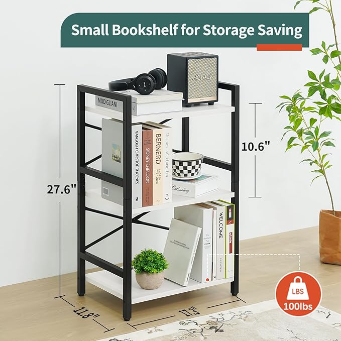 Yoobure Bookshelf Small Book Shelf, Solid Industrial 3 Tier Shelf Bookcase