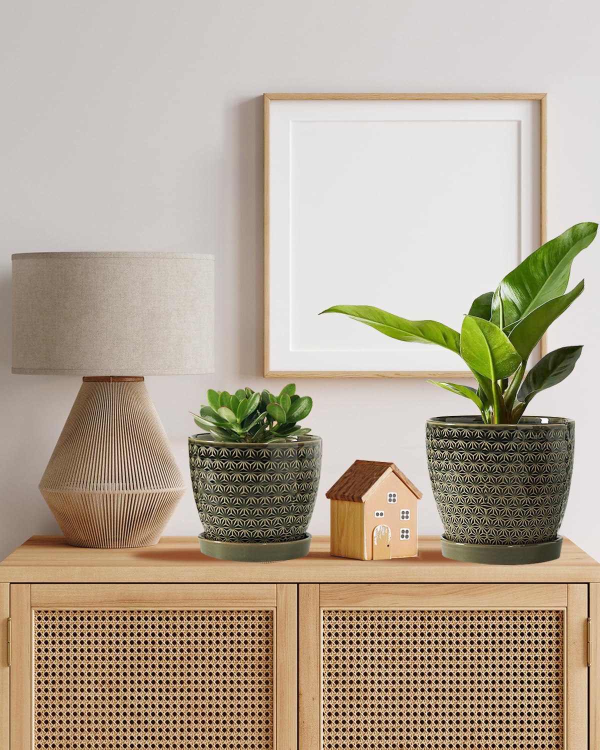 Swkien Plant Pots, Flower Pots, Planters for Indoor Plants(6.5+5.5inch), Flower Pots for Indoor Plant with Drainage Hole and Saucer, Ceramic Pots for Plants with Hole Mesh Pad,Reactive Glaze Green