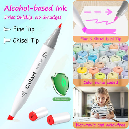 Caliart 121 Colors Dual Tip Art Markers Sketch Pens, Easter Basket Stuffers for Kids Teens Toddler, Permanent Alcohol Based Markers for Adult Book Eggs Decorations Gift Drawing Supplies Kit