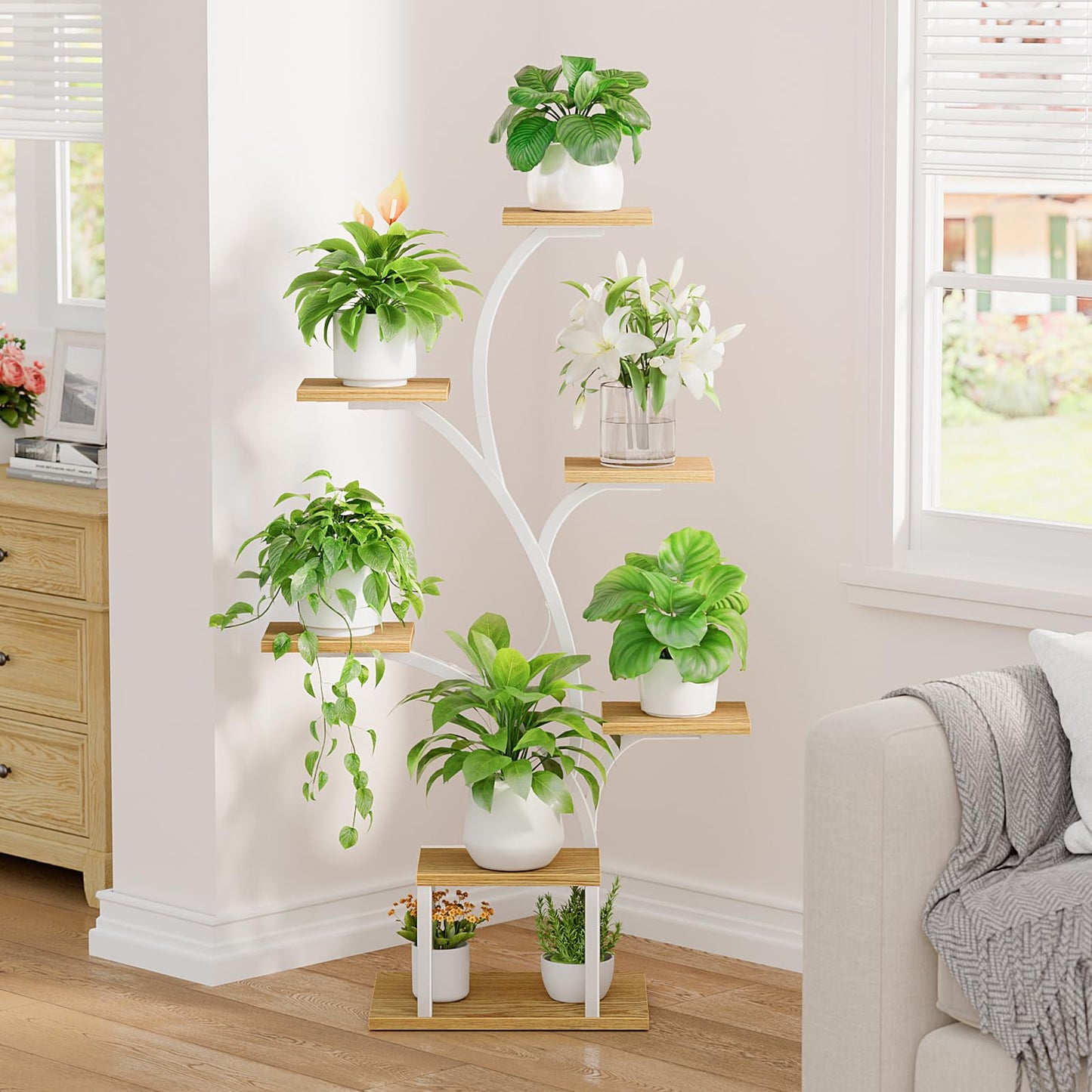BACEKOLL Plant Stand Indoor with Grow Lights, 7 Tiered Indoor Plant Shelf, 49" Corner Plant Stands for Indoor Plants, Metal Plant Flower Display Shelf, Tree-Shaped Plant Rack for Home, Patio, Natural