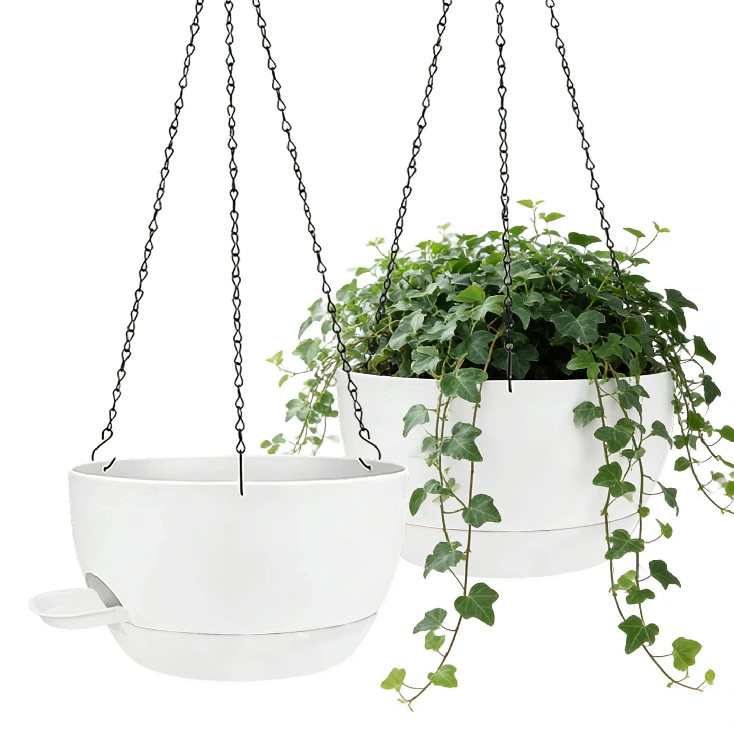CNLBO 2 Pack Hanging Planters for Indoor Outdoor Plants, 12Inch Self Watering Hanging Pot with Drainage Holes and Saucer, Plastic Plant Pots, White Flower Pots for Kitchen, Balcony, Garden