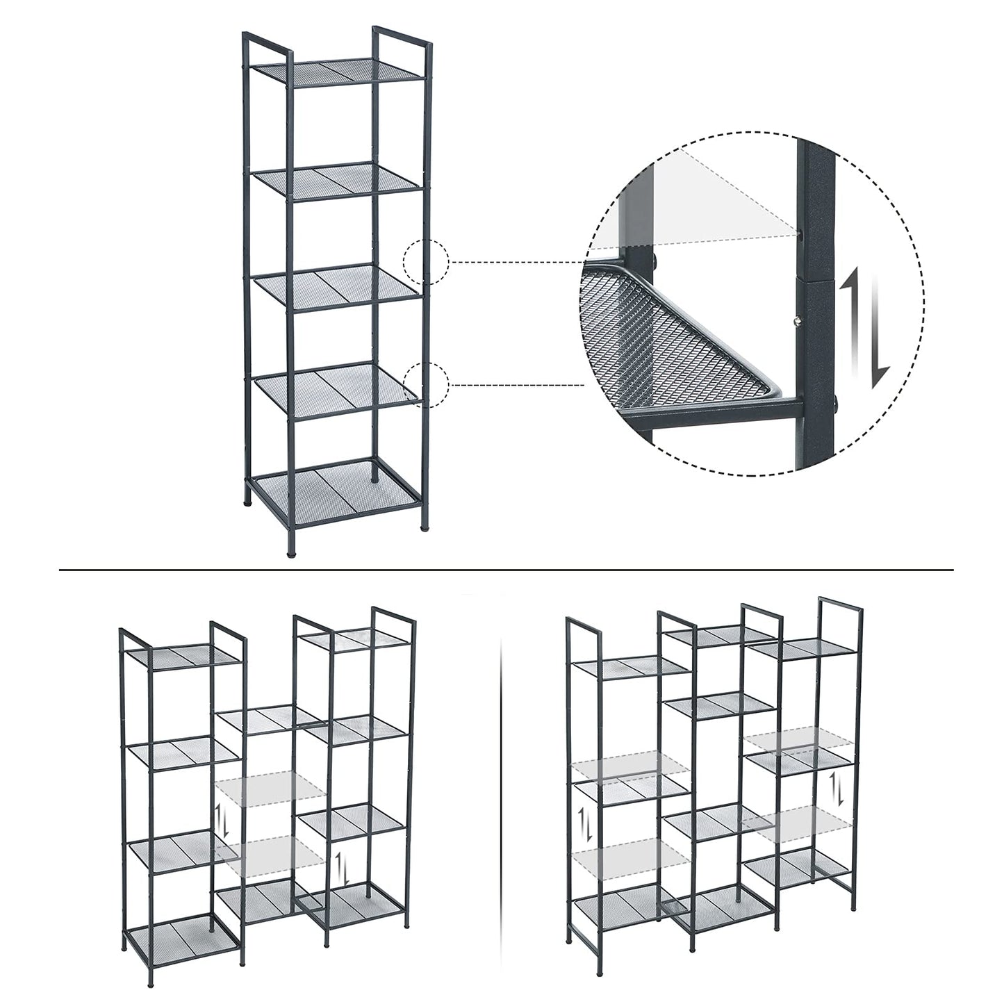 SONGMICS 5-Tier Storage Rack, Bathroom Shelf, Extendable Plant Stand with Adjustable Shelf, for Bathroom, Living Room, Balcony, Kitchen, Black UBSC35BK, 11.8 x 15 x 50.4 Inches
