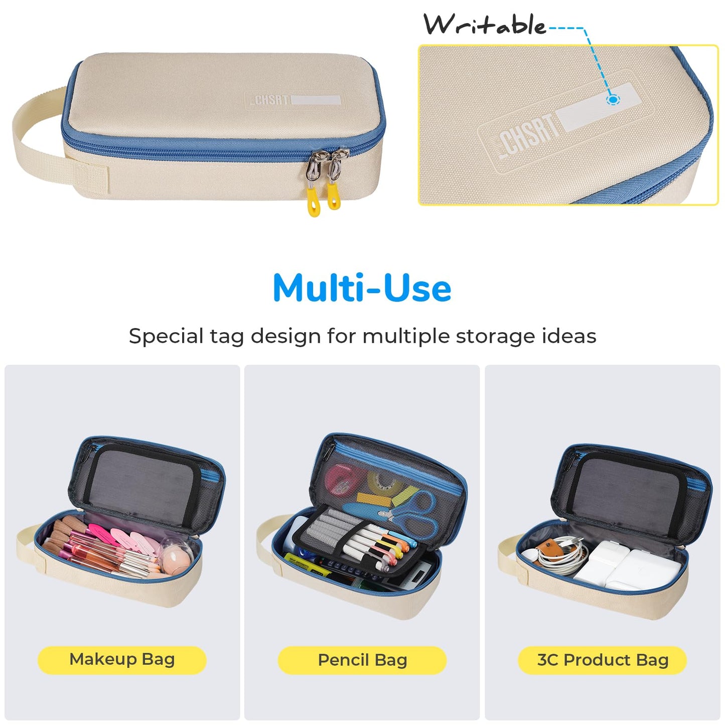 ECHSRT Pencil Case for Men Women, Large Pen Bag for Adults, Portable Pencil Pouch Aesthetic with Handle, Zipper Cases for Office Organizer Beige