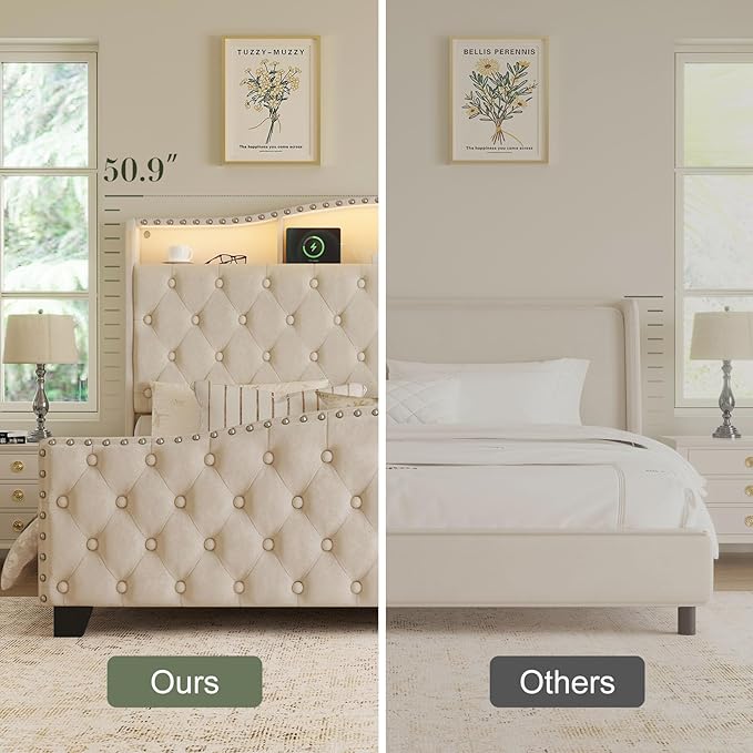Belffin Queen Size Bed Frame and Headboard, 50.9" Velvet Upholstered Wingback