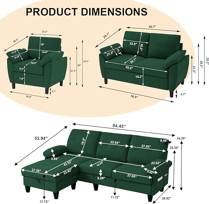 84" Convertible Sectional Sofa Set, 3 Seat L Shaped Couch