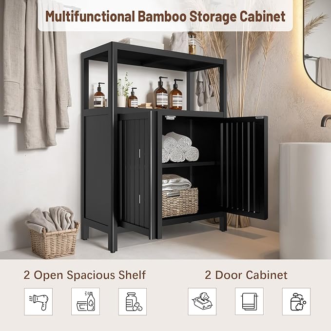 Bamboo Storage Cabinet Bathroom Floor Cabinet Side Storage Organizer Cabinet