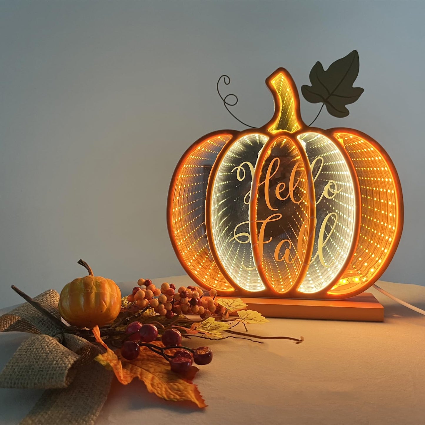 Infinity Fall Pumpkin Décor, Light Up Harvest Pumpkin Lights with USB Powered,8.58 Inch H Standing Fall Pumpkin for Table,Shelf or Room Decoration