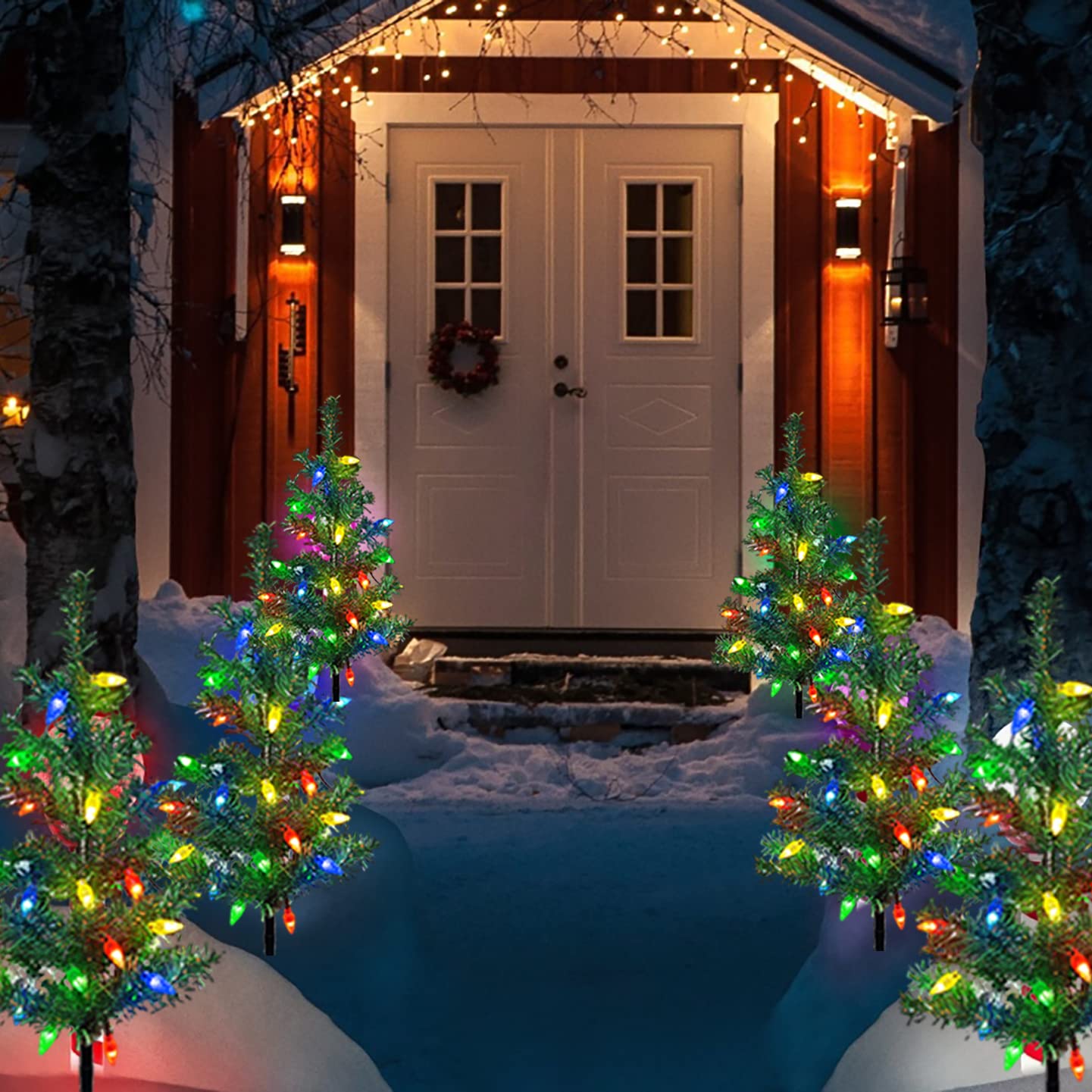 Windpnn Upgraded 4-Pack Solar Christmas Garden Stake Lights, Decorative Xmas Tree Solar Christmas Yard Stake Outdoor Waterproof Pathway Lights for Garden Patio Yard Decorations