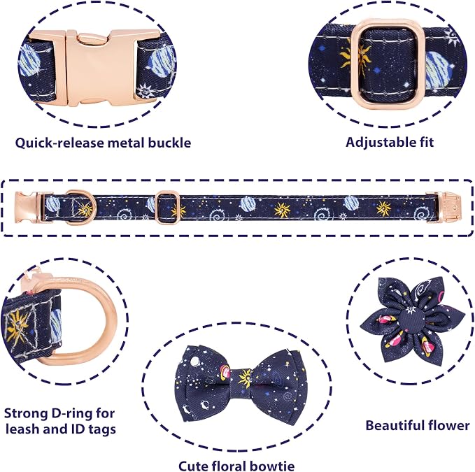 Dog Collar and Leash Set Adjustable Girls Puppy Floral Collars with Bow Tie for Small Medium Large Dogs(XS, Blue Planet)